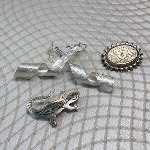 Vintage Sterling Silver Jewelry Lot Mexico Brooch Earrings Abalone